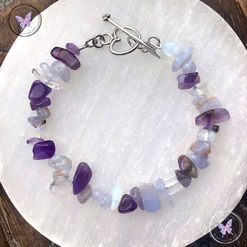 Blue Lace Agate, Amethyst & Opalite Crystal Bracelet with Silver Heart Toggle